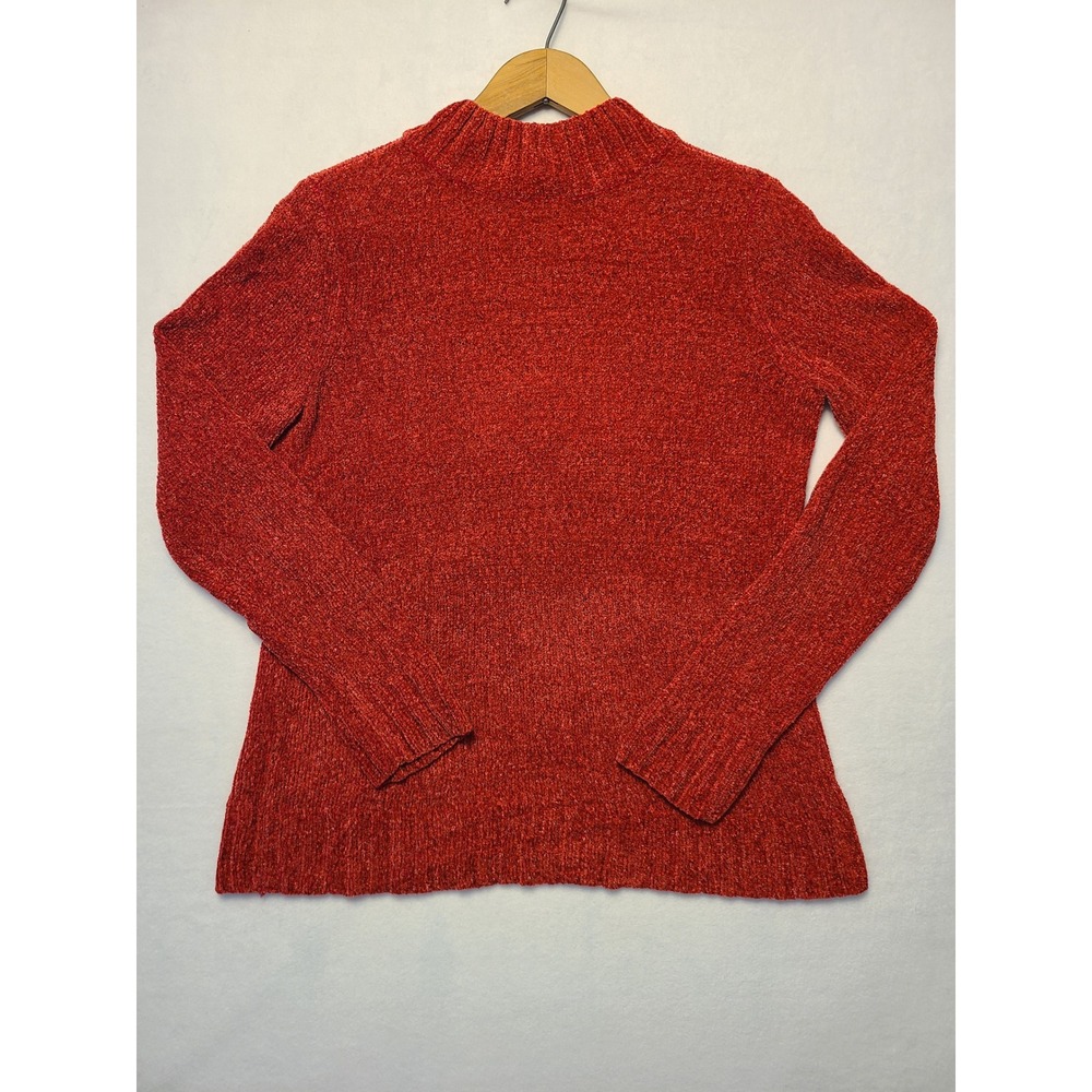 Women Sweater S Red Chenille Mock Neck Knit Top Cozy Fall Autumn Minimal Basic